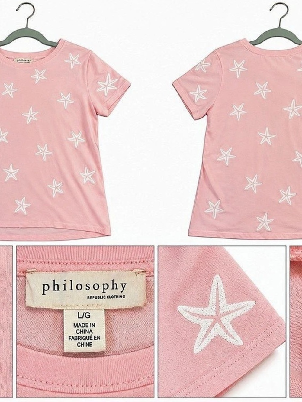Philosophy Star Print Short Sleeve Tee in Pink & White Size Large